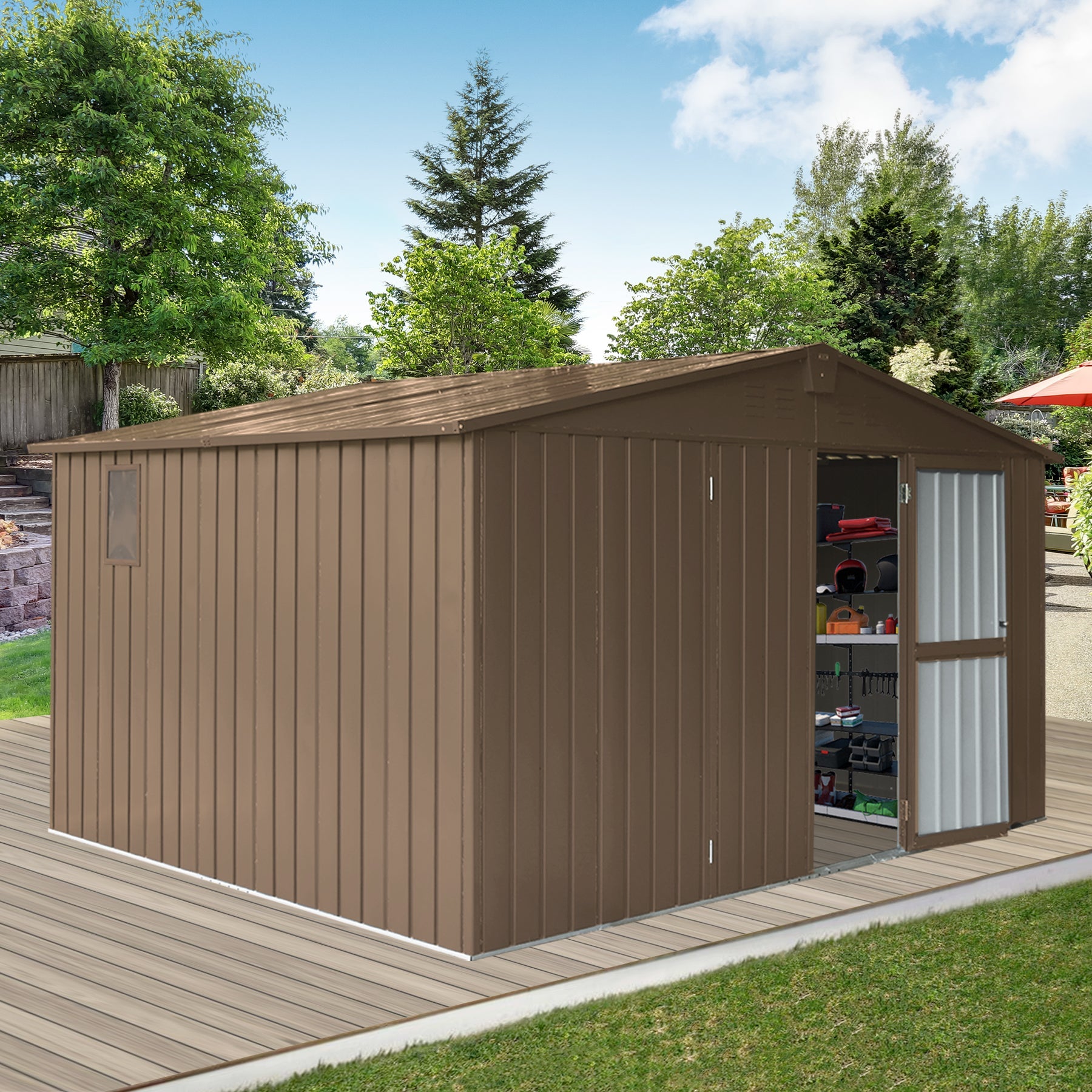 Backyard Storage Shed 11'x9' with Galvanized Steel Frame & Lockable Door