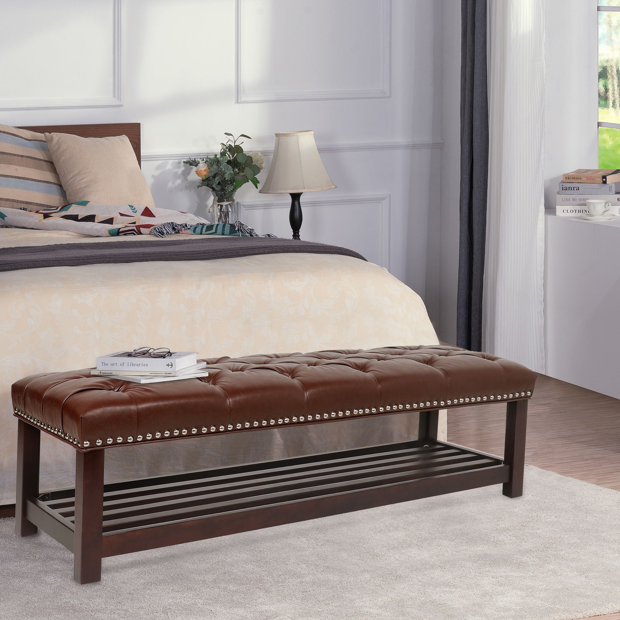 Bedroom End Of Bed Bench Tufted Upholstered End Of Bed Bench End Of Bed Entrance Shoe Bench With Nailhead Trim And Shelf Bedroom Upholstered Bench Living Room Shoe Rack Footstool