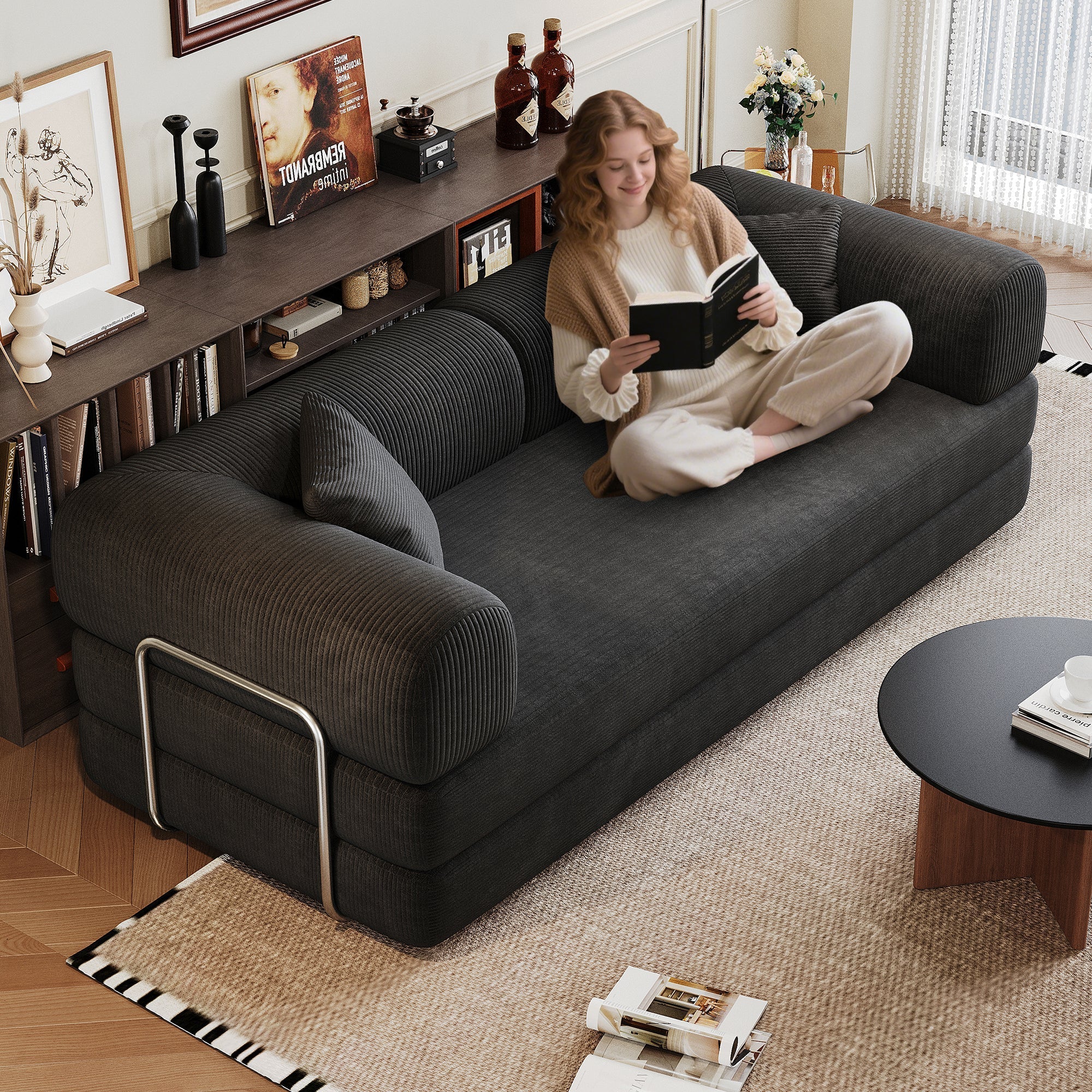 78.8' Compression Sofa,Convertible Floor Sofa Bed-with Pillow Back Support Armrest,Comfy Futon Couch Sleeper Bed,Loveseats Boneless Modular Sectional Sofa,Corduroy fabric,for Living Room,Bedroom,Black