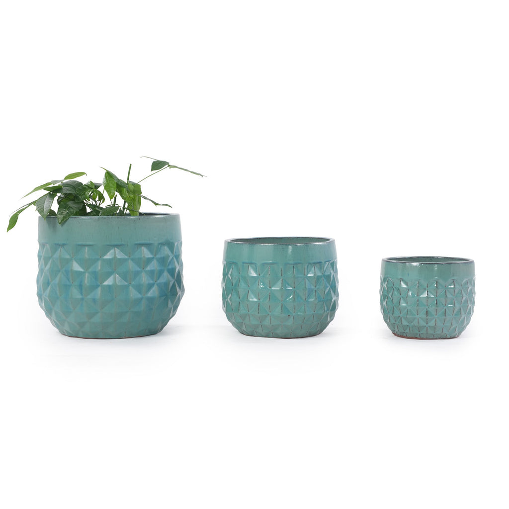 Handmade Ceramic Planter Pots Set of 3, Vintage Turquoise