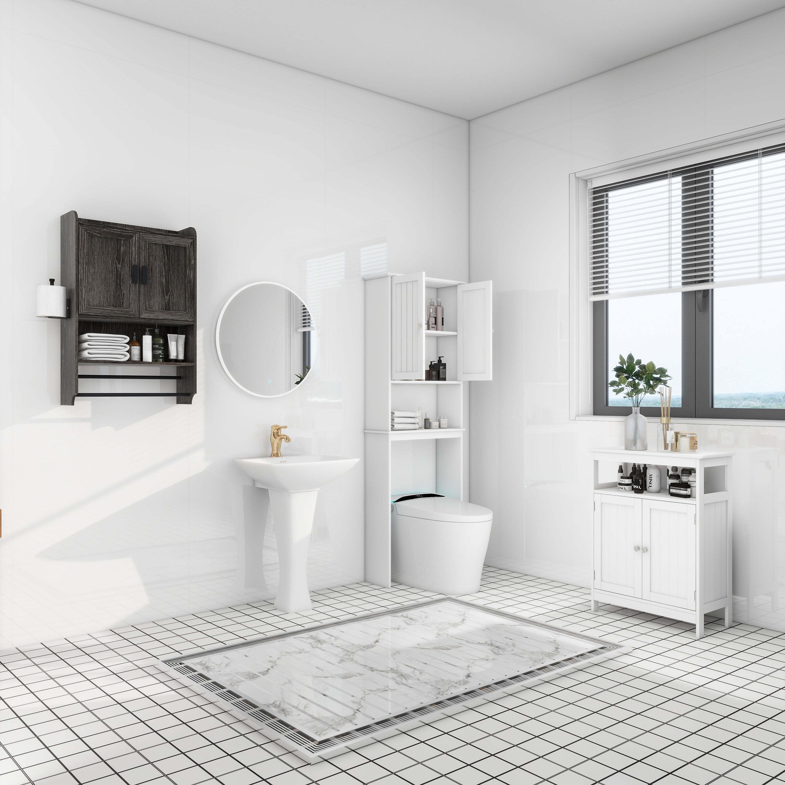 Bathroom Wall Cabinet with Doors, Adjustable Shelf, Towel Bar and Paper Holder