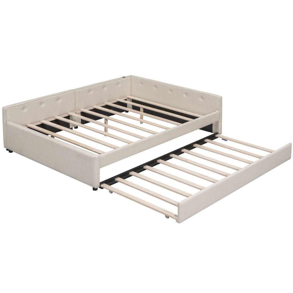 Queen Size Upholstered Platform Bed With USB And Twin Trundle - Beige