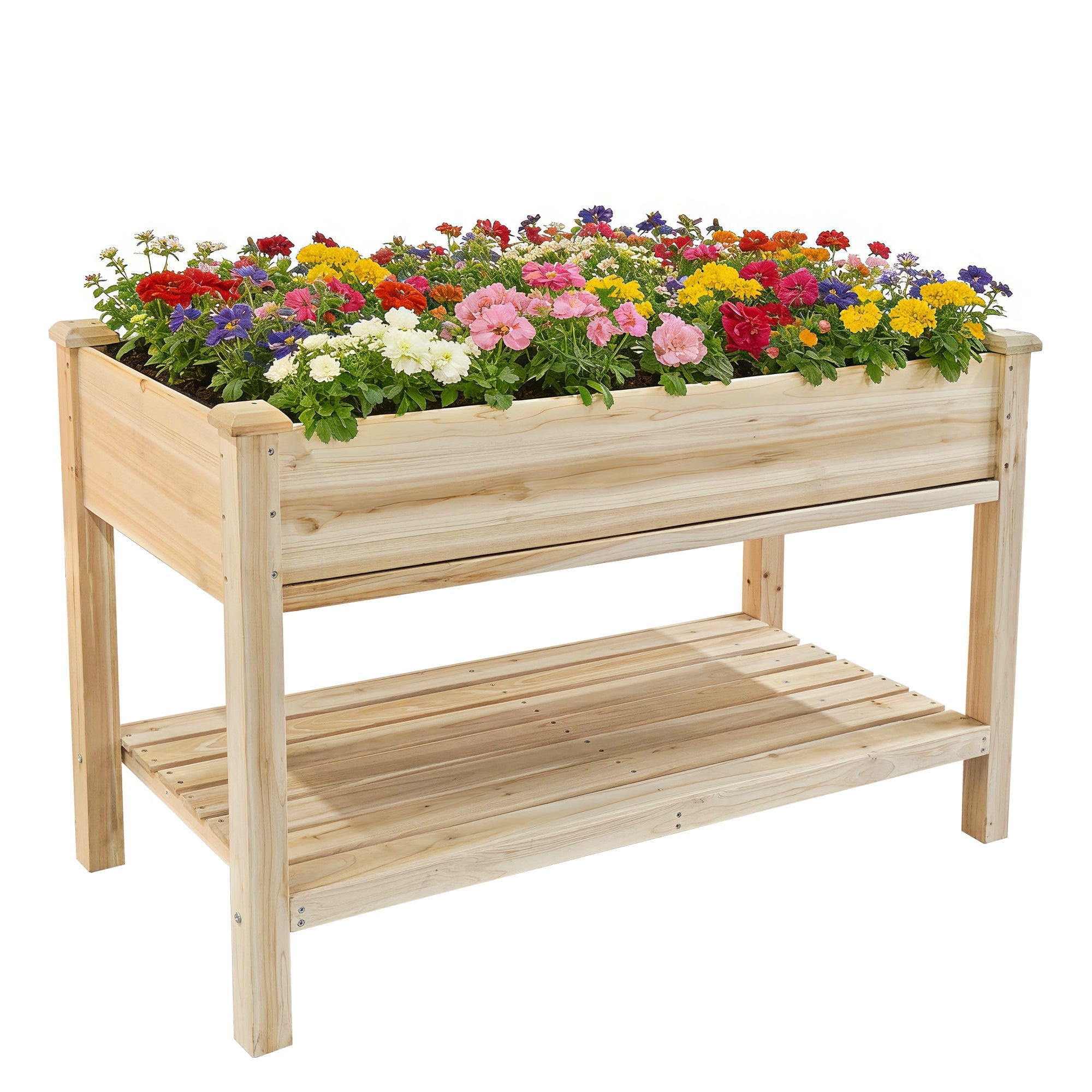 Raised Garden Bed with Water Collection Tray and Storage Shelf