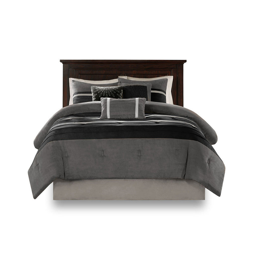7 Pc Pieced Faux Suede Comforter Set Black Queen