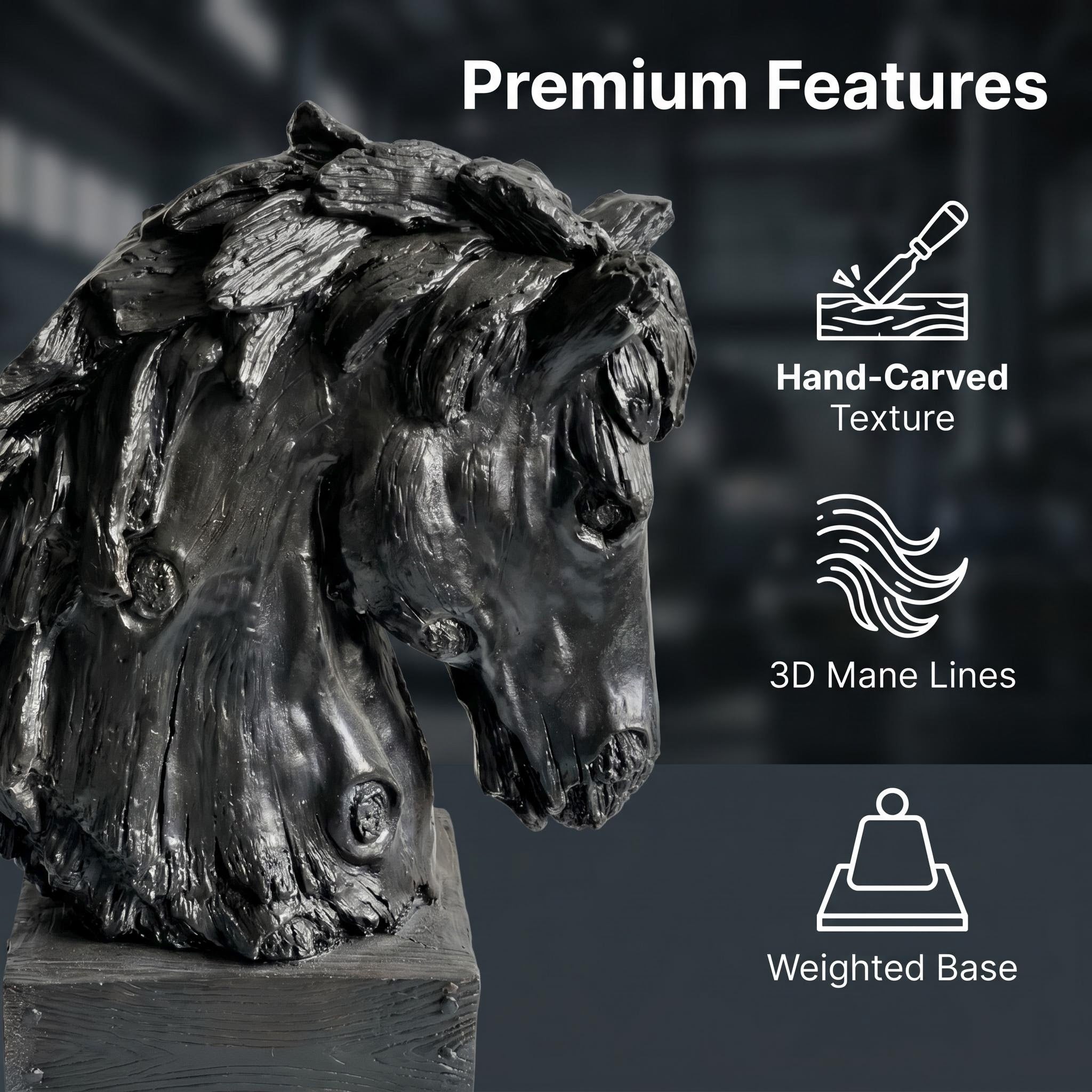 Black Rustic Horse Head Sculpture with Base