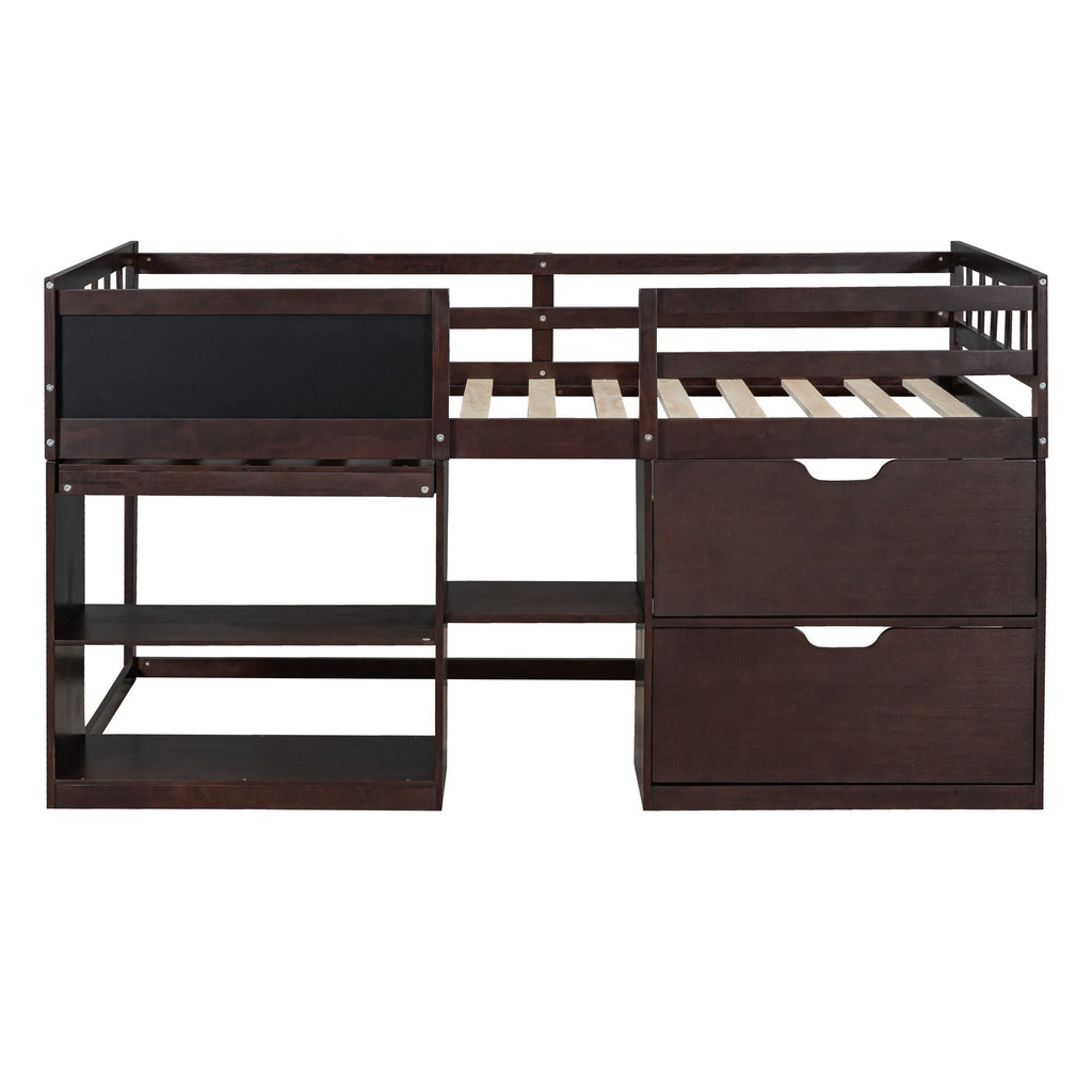 Low Loft Bed With Rolling Desk, Shelf And Drawers
