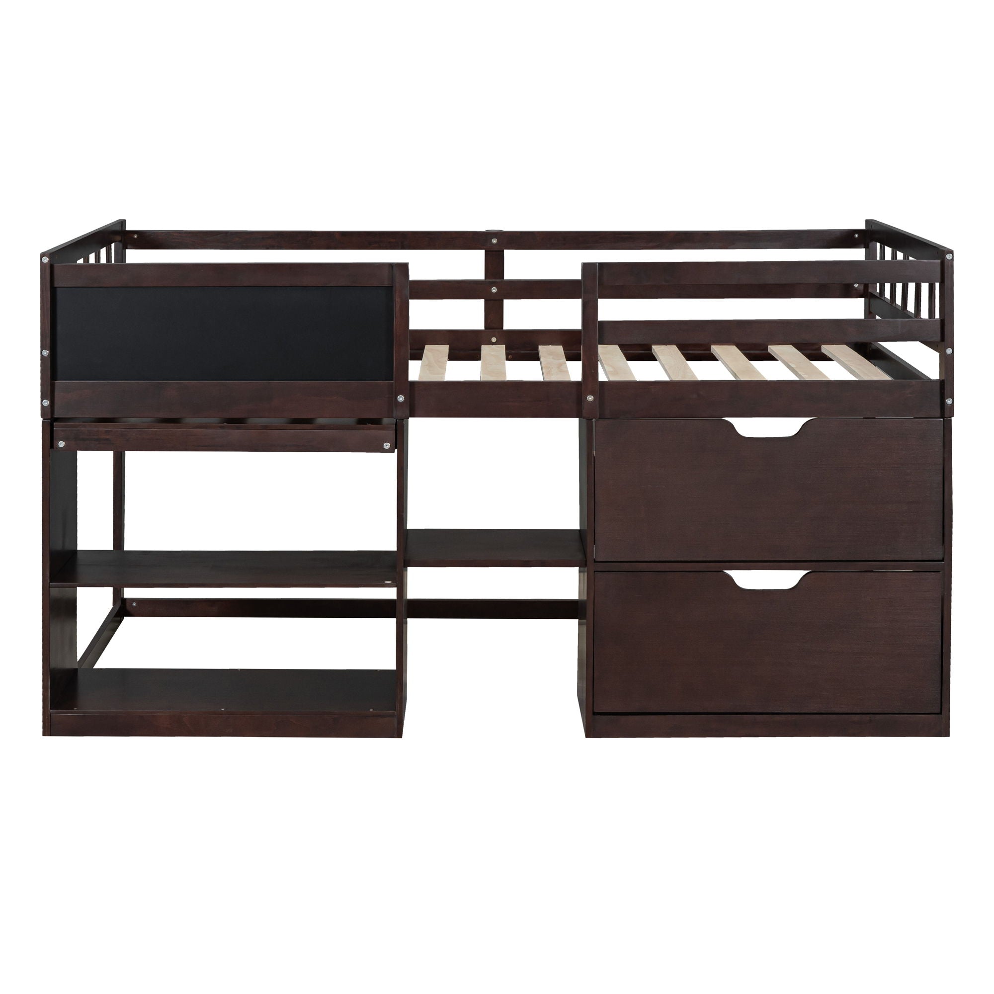 Low Loft Bed With Rolling Desk, Shelf And Drawers