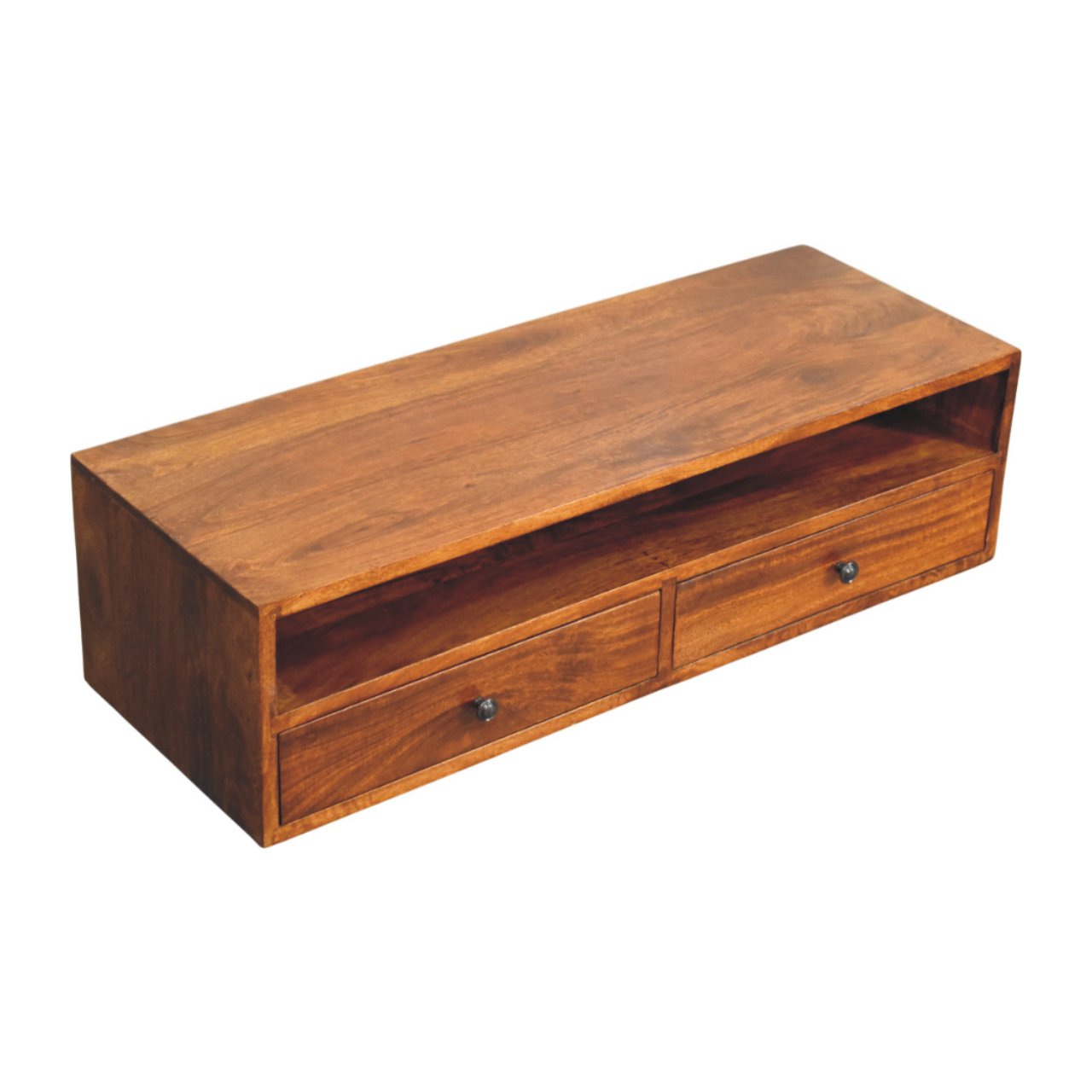 Solid Wood Lunar Wall-Mounted Media Unit, 2-Drawers, Chestnut