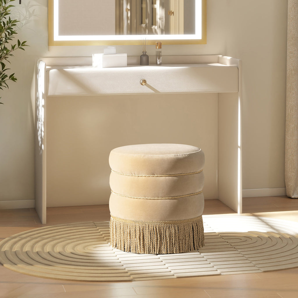 Edward 17.5" Round Upholstered Ottoman with Bullion Fringe