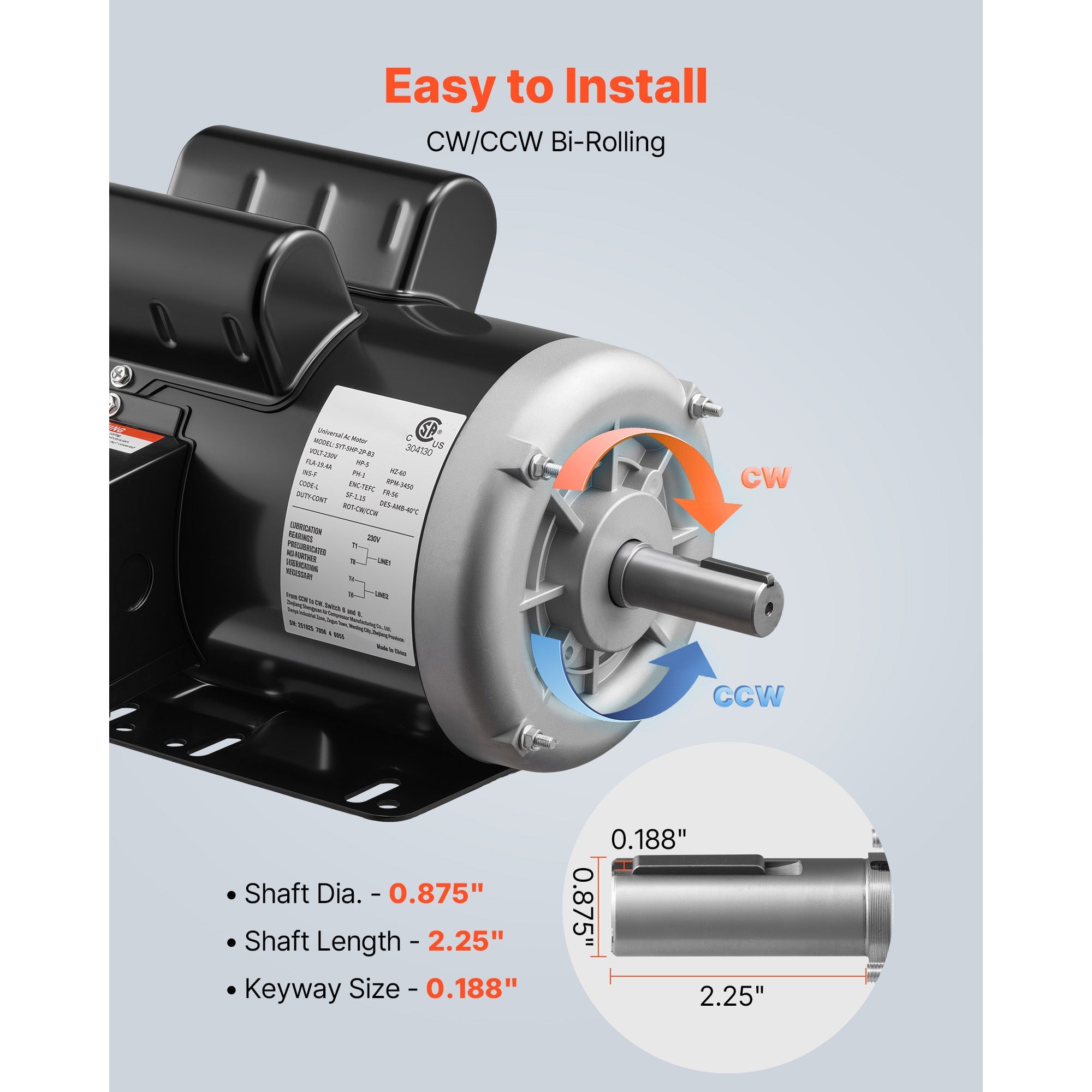 5 HP Electric Motor for Air Compressors, 3450 RPM, Single-Phase 230V