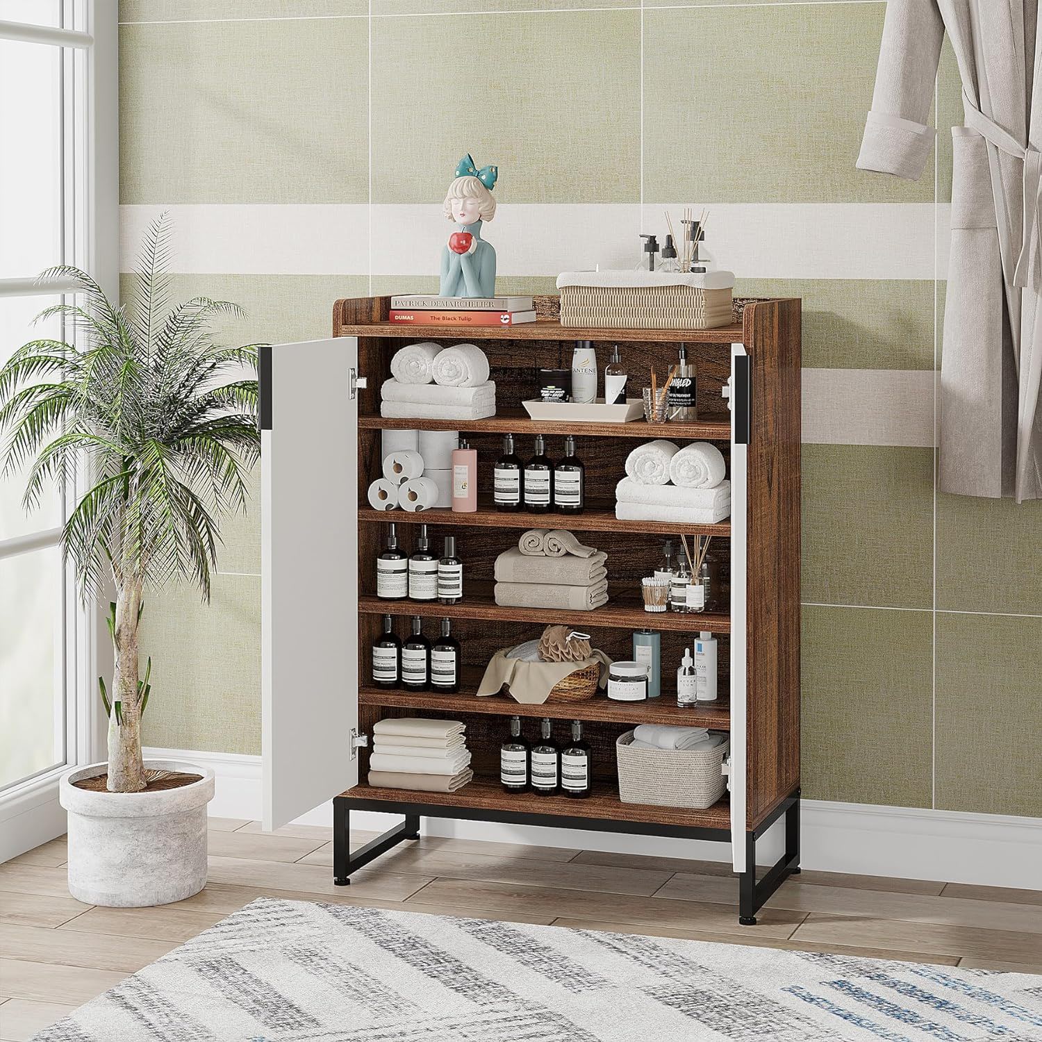 5 Tier Shoe Cabinet With Doors, Compact Entryway Storage Organizer
