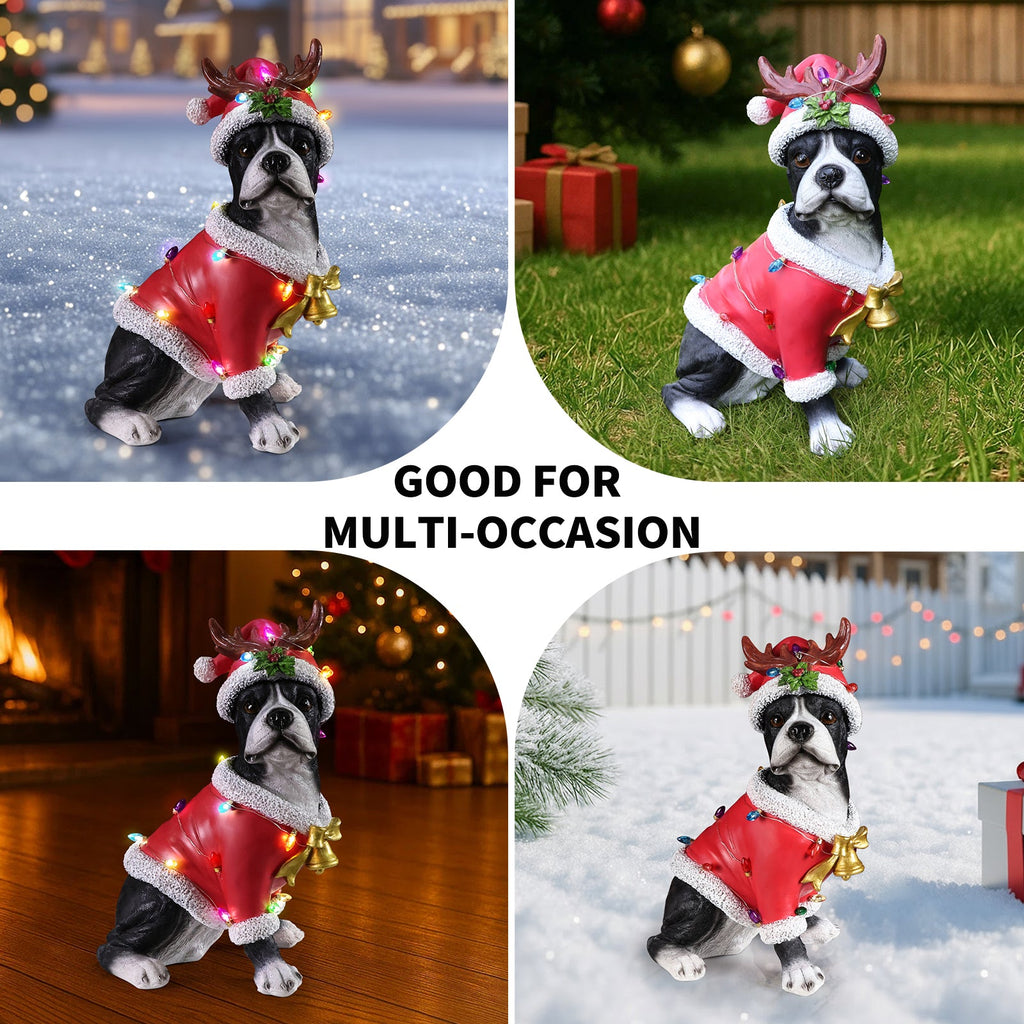 Christmas Boston Terrier Statue, Holiday Dog Figurine in Santa Outfit