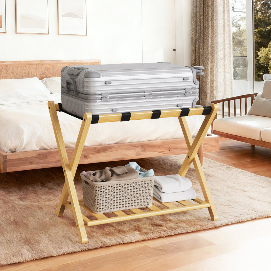 Folding Bamboo Luggage Rack with Lower Storage Shelf