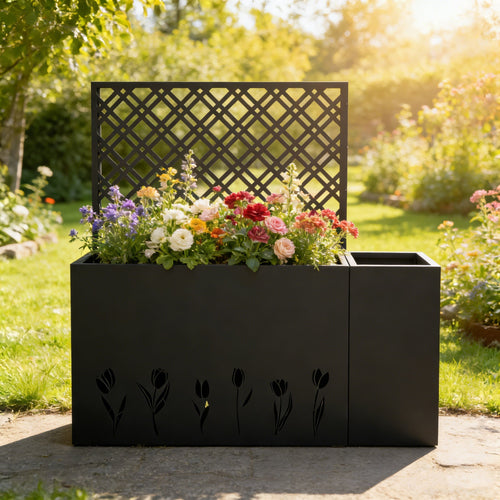 2-Piece Metal Planter Box with Trellis - Tulip Black