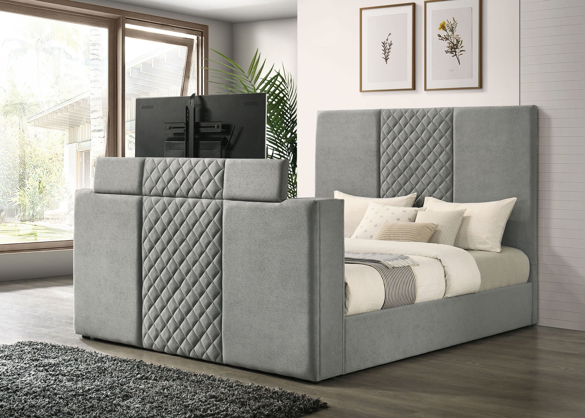 Tara 61-inch Upholstered Eastern King Panel TV Bed Grey