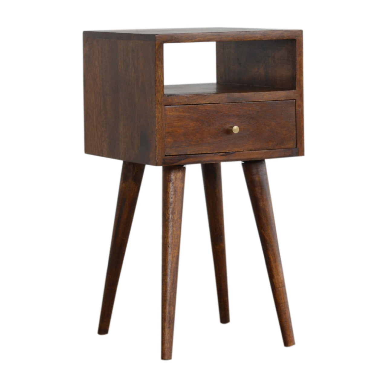 Solid Wood Mini Nightstand, 1-Drawer, 1 Open Slot, Chestnut