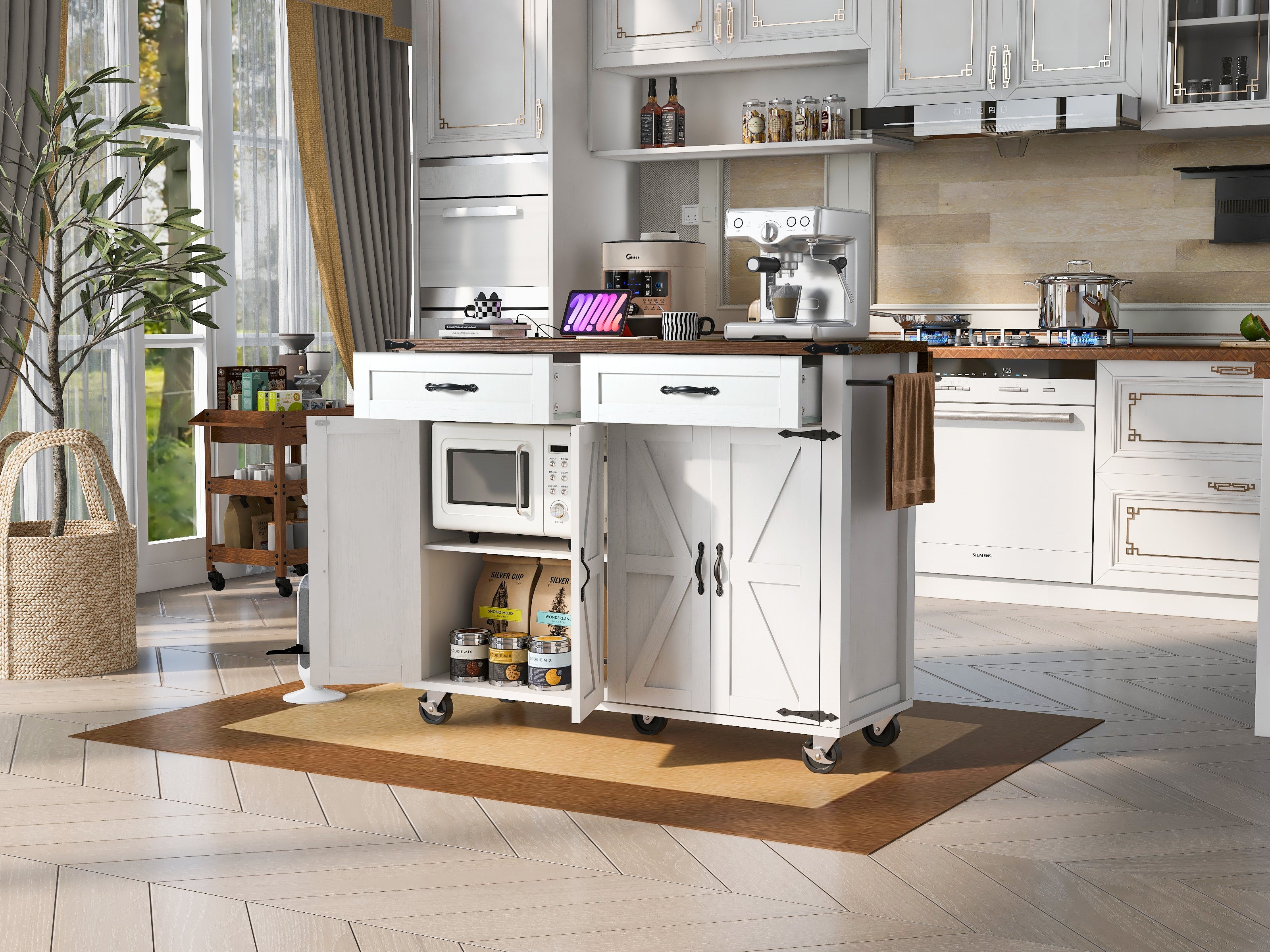K&K 53.5'' Farmhouse Kitchen Island with Power Outlet