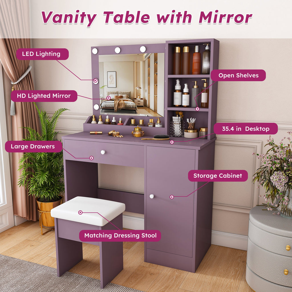 Stylish Vanity Desk Set with Padded Stool & Adjustable Lighted Mirror