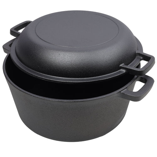2 In 1 Pre-Seasoned Cast Iron Dutch Oven With Dual Handles, 5 Quart - Black