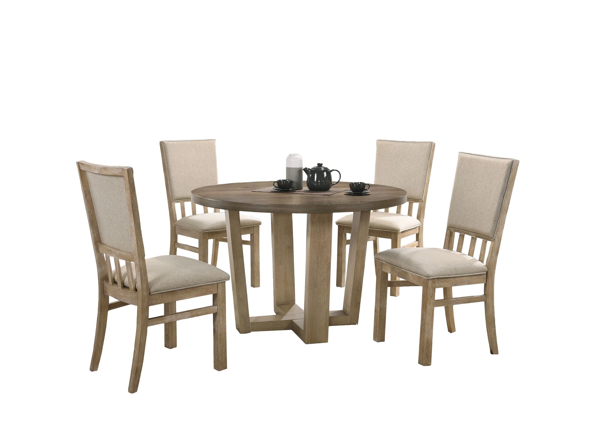 Brutus - 5 Piece Wide Round Dining Table With Wheat Colored Chairs (Set of 5) - Vintage Walnut