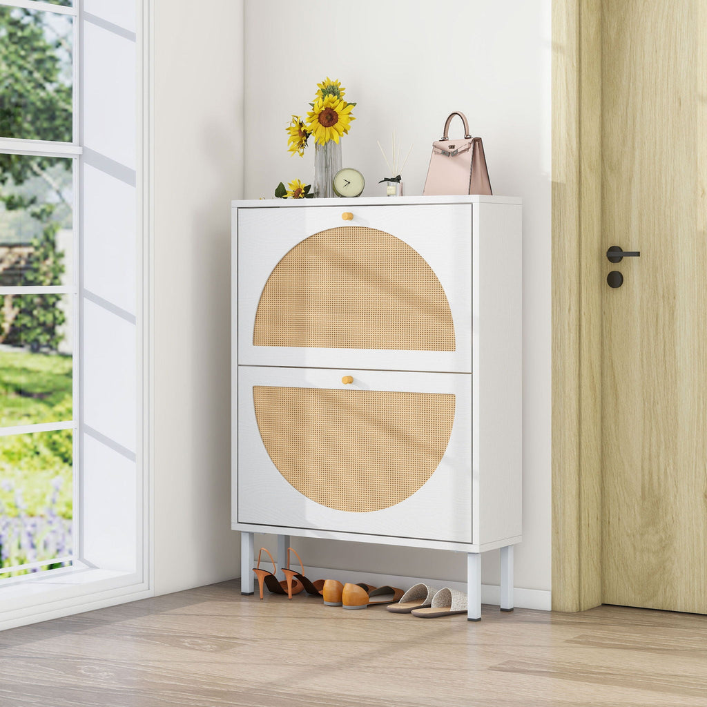 2 Door Shoe Rack, Rattan, Double Layer, Suitable For Living Room, Hallway - White