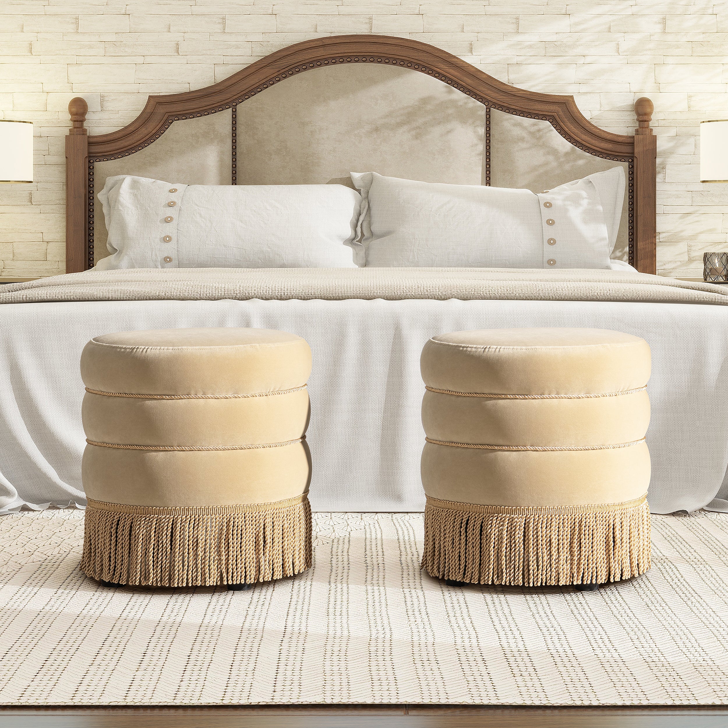 Edward 17.5" Round Upholstered Ottoman with Bullion Fringe