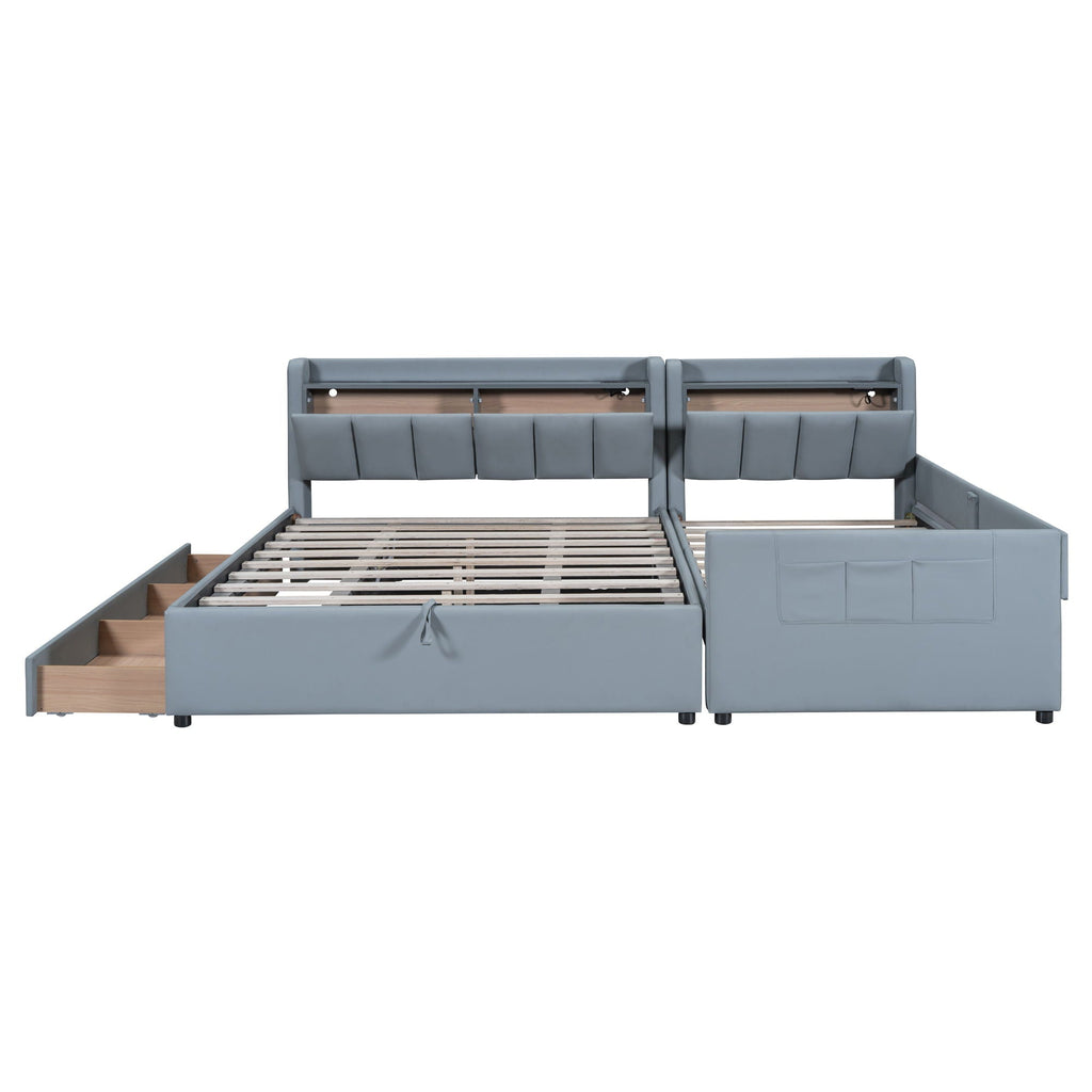 Upholstered Mother & Child Bed With Hydraulic Storage System, Drawer Box, Bedhead Storage Shelf And 2 Pairs Of Sockets & USB Ports