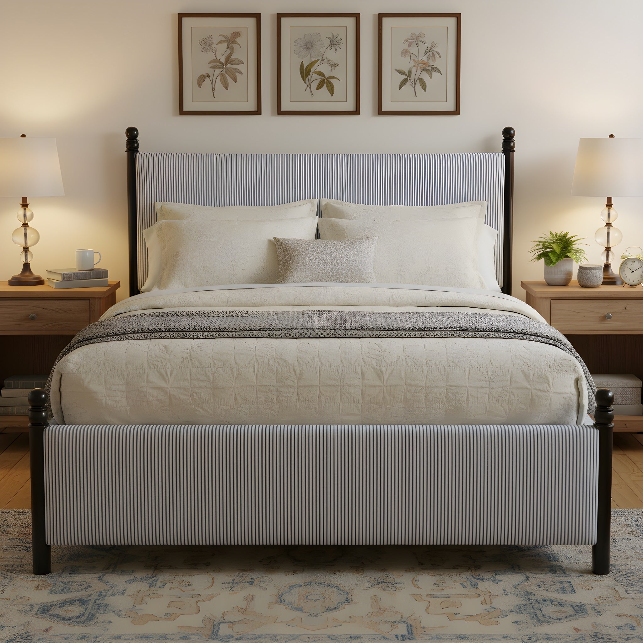 48-inch Striped Rubberwood Upholstered Bed, King