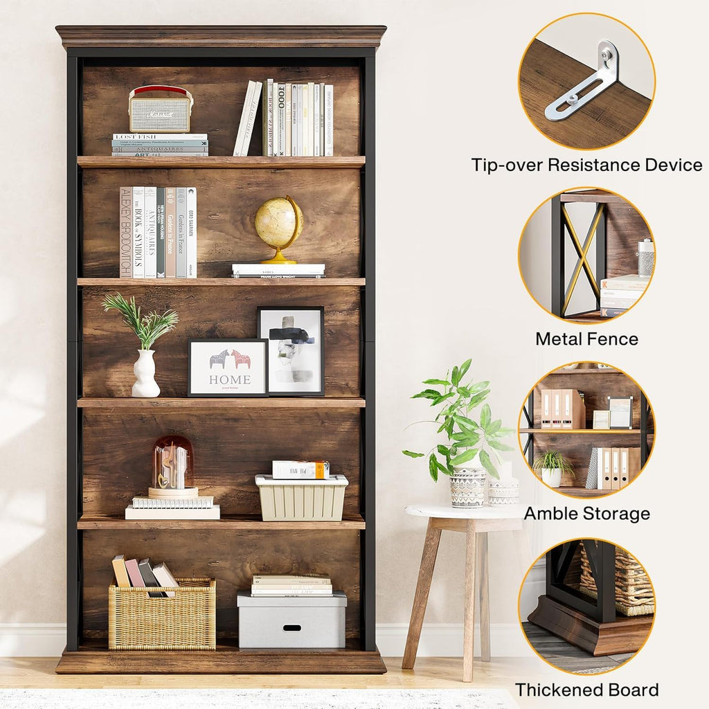 6 Tier Industrial Brown & Bookshelf With X Pattern Design - Rustic Brown