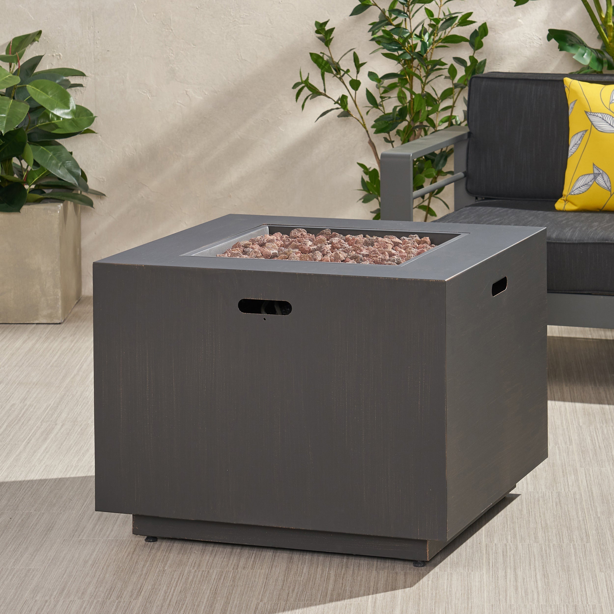 33" Outdoor Iron Square Propane Fire Pit - Brushed Brown