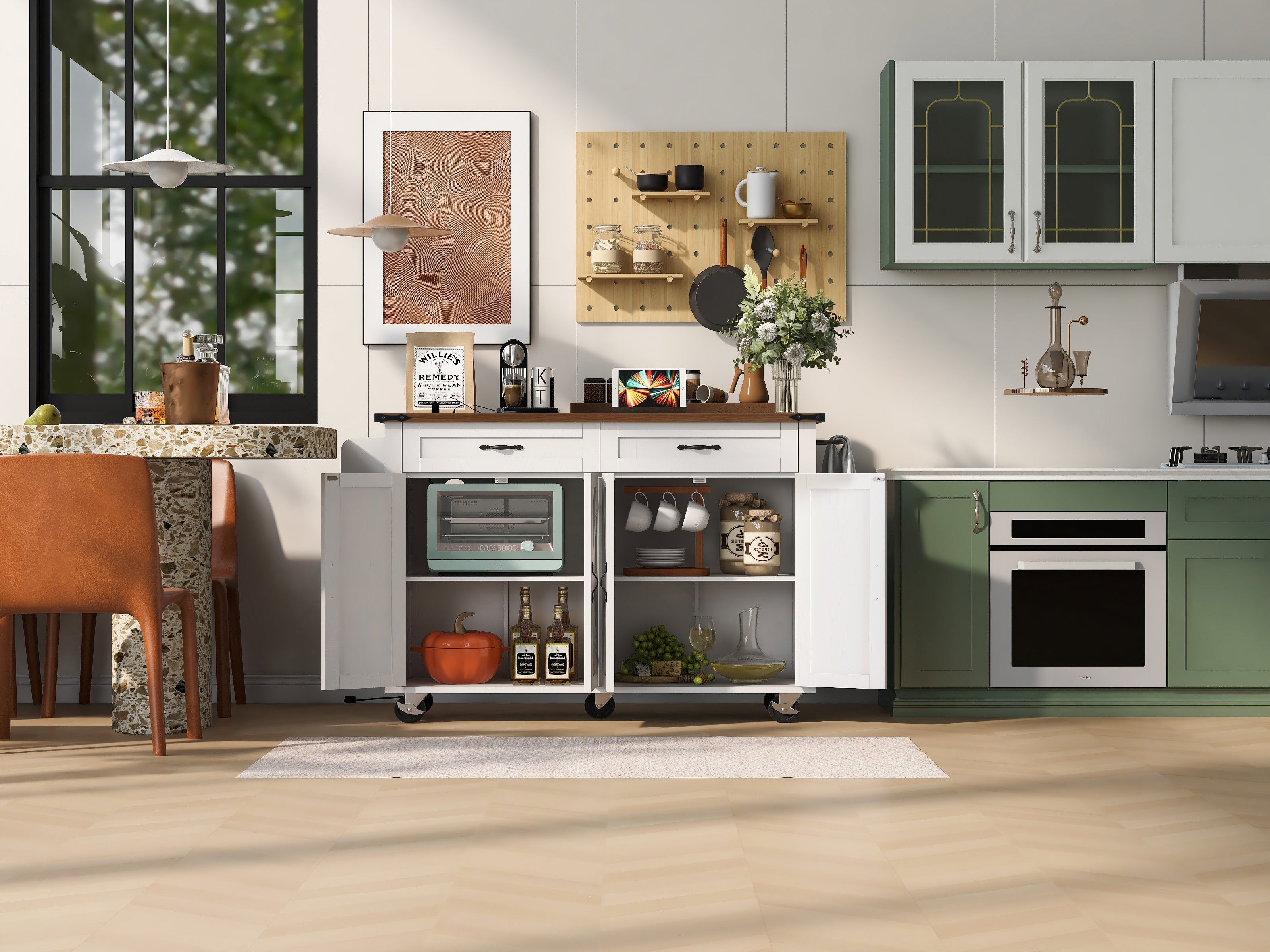 K&K 53.5'' Farmhouse Kitchen Island with Power Outlet