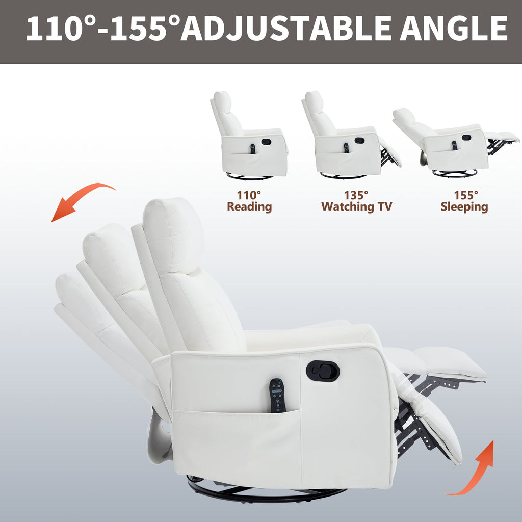 White Heat Massage Manual Recliner Chair with Rocker and Swivel in Faux Leather