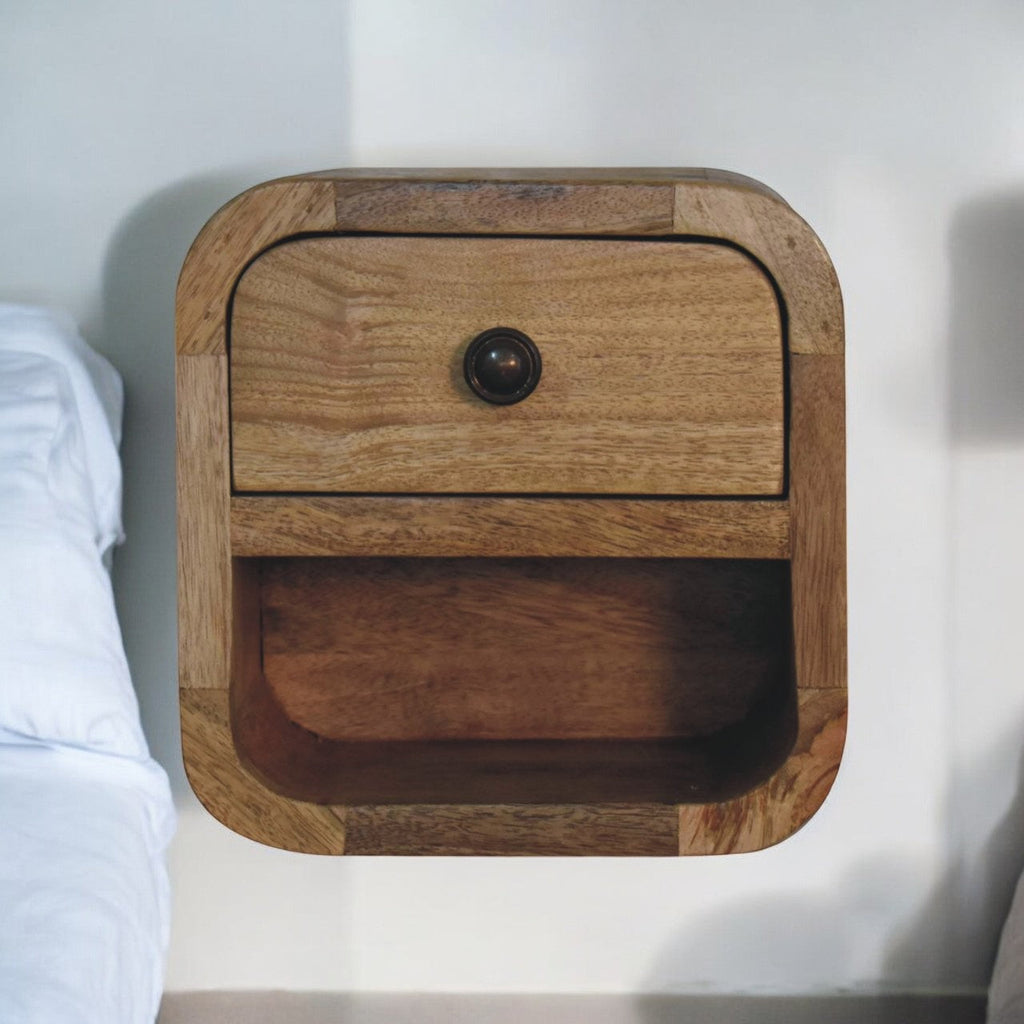 Extra Mini Curved Oak-ish Bedside with Open Slot, 1-Drawer