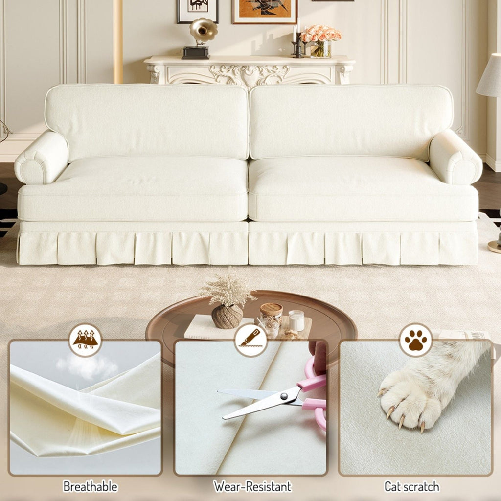 Luxuriously Comfortable Cloud Couch With Elegant Rolled Arms & Pleated Skirt Design