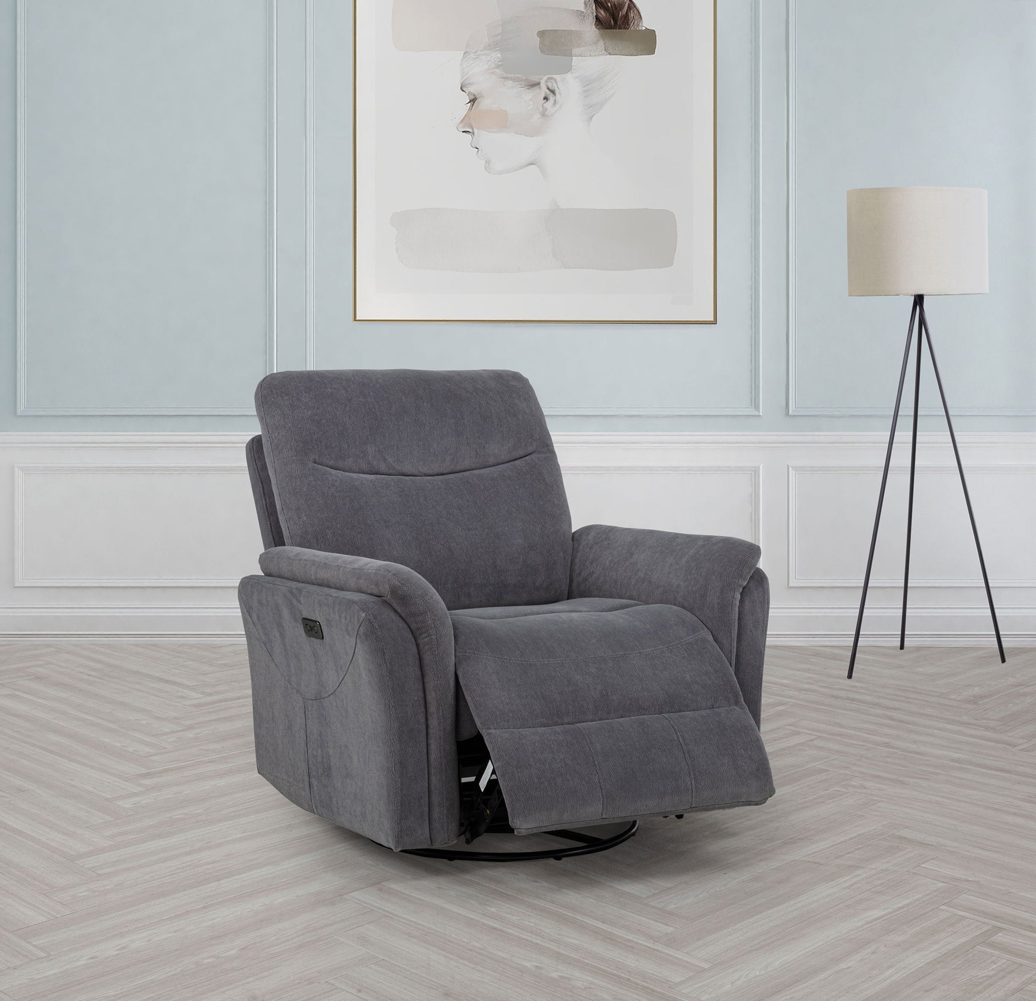 Adler Upholstered Power Swivel Glider Recliner Charcoal Grey