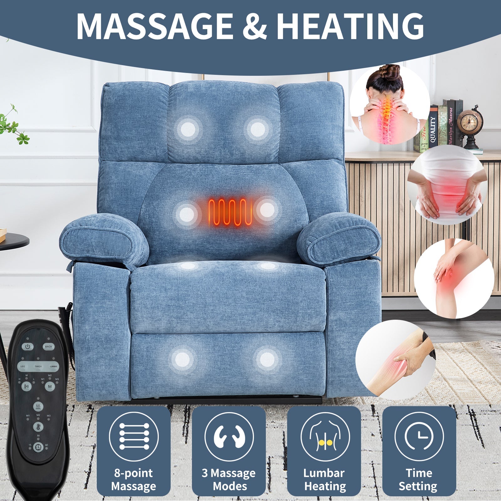 Blue Heat Massage Dual Motor Lift Recliner Chair