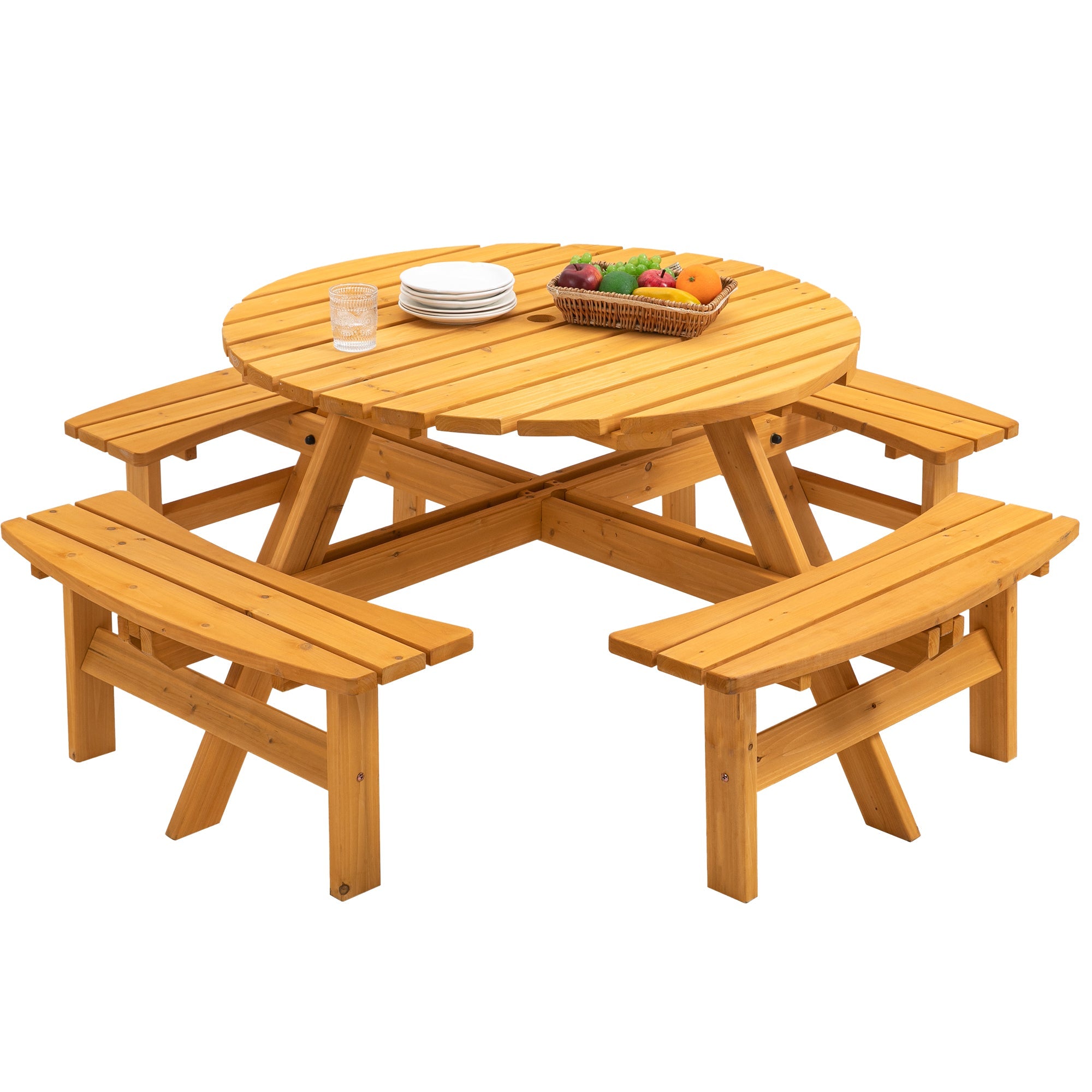 8 Person Wooden Picnic Table with Built-in Benches
