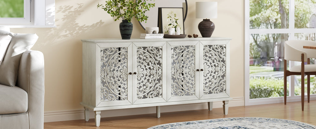 60" Antique Buffet Cabinet with Floral Carvings and Solid Wood Legs