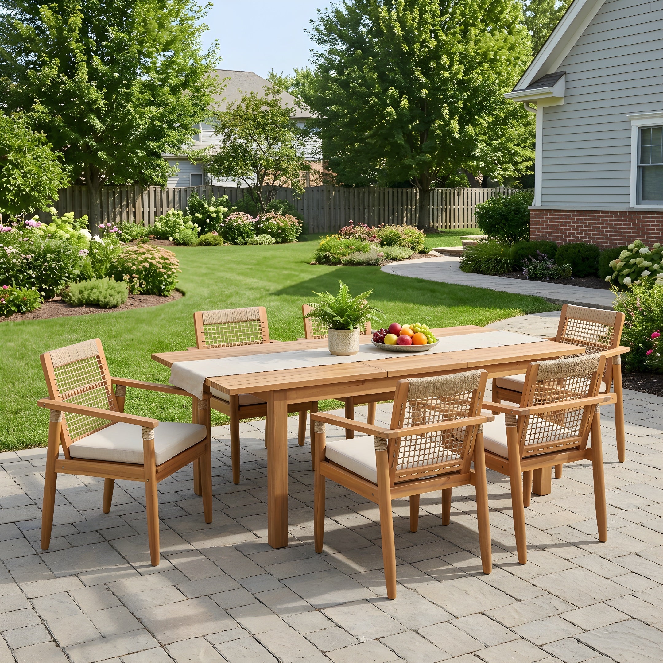 7 Pieces Acacia Wood Outdoor Dining Set with Cushions