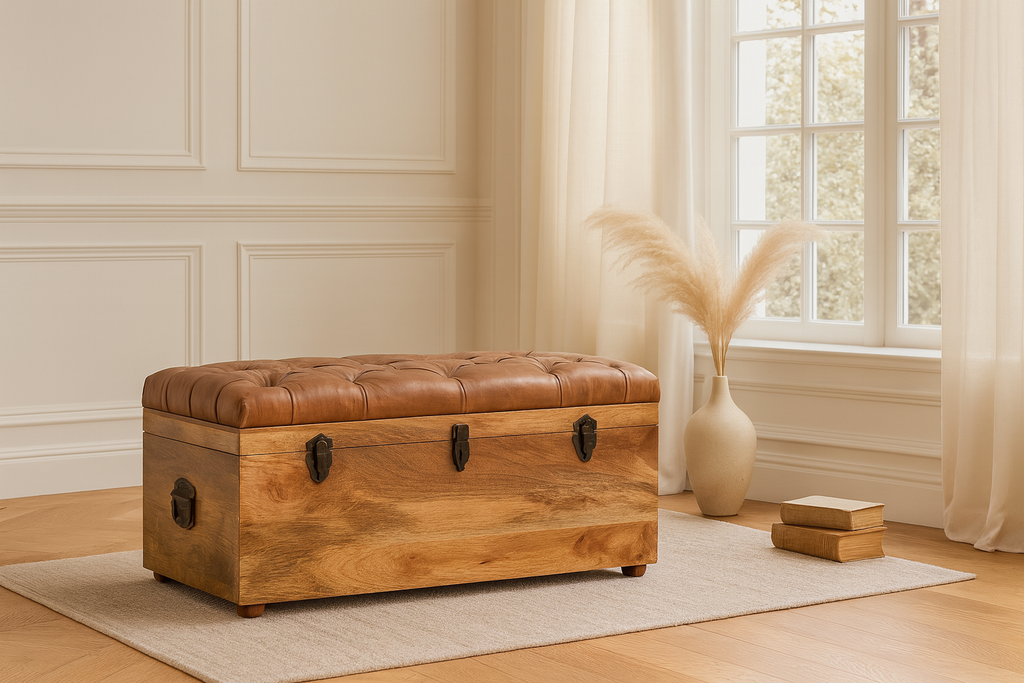 Solid Wood Buffalo Hide Oak-ish Storage Trunk, Leather Upholstered