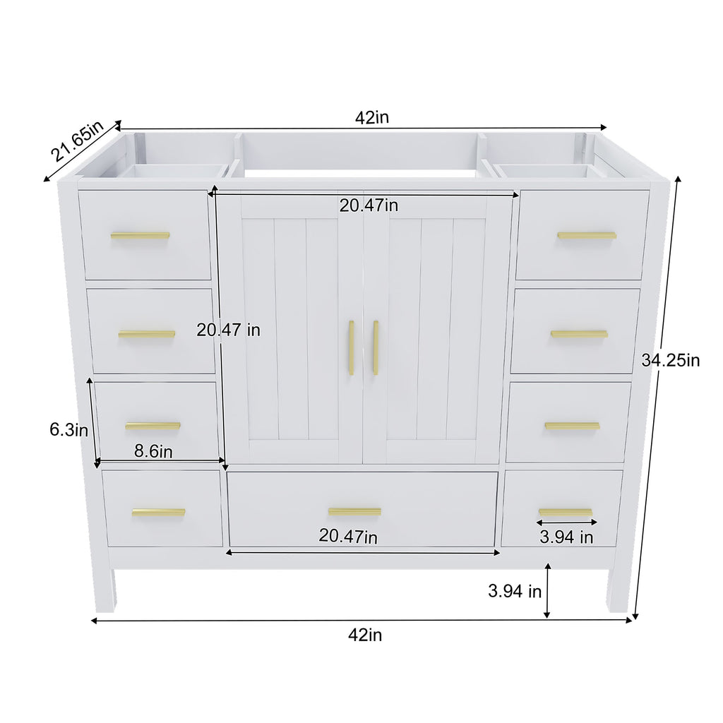 42" Bathroom Vanity Base Cabinet with 2 Soft-Close Double Doors & 9 Smooth Drawers