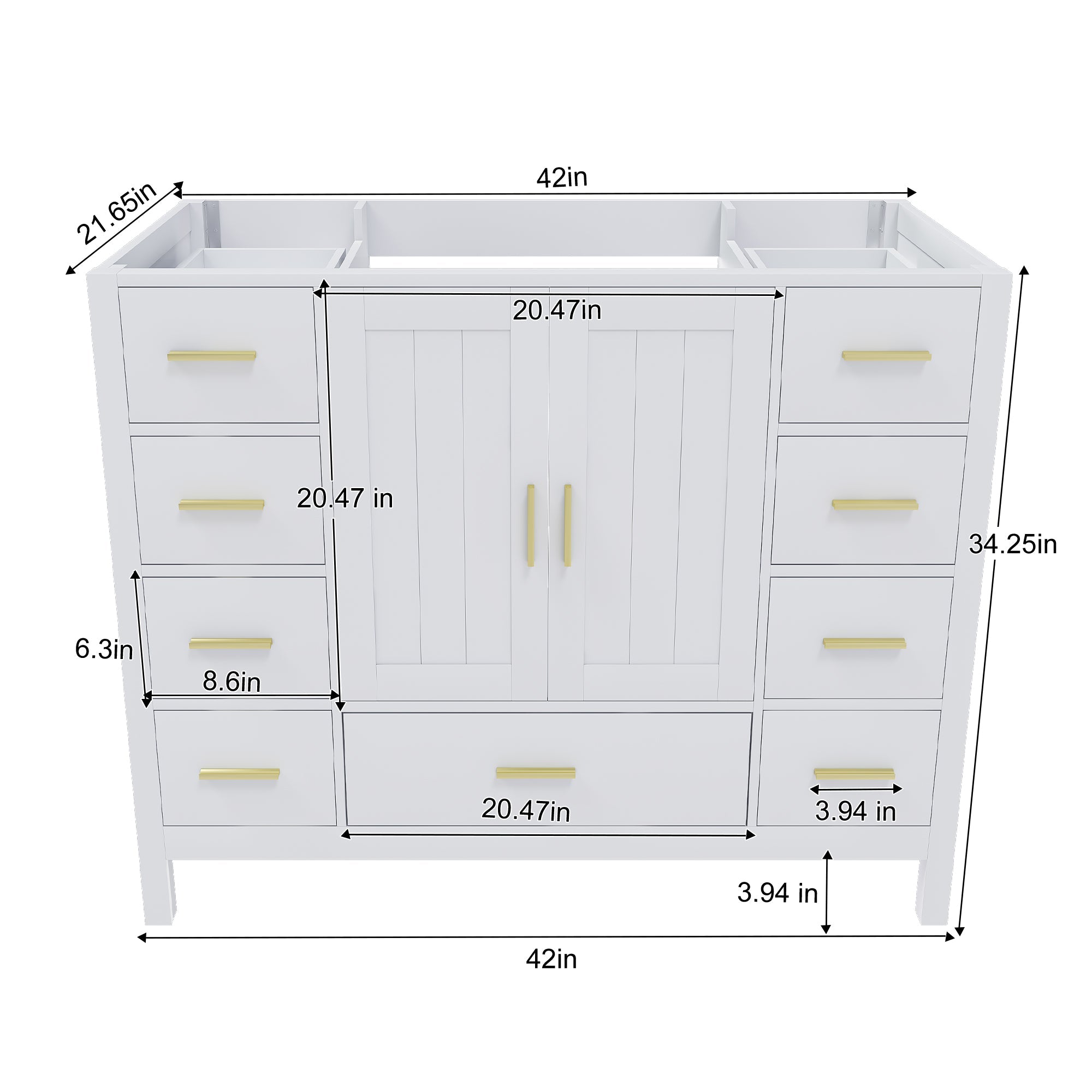 42" Bathroom Vanity Base Cabinet with 2 Soft-Close Double Doors & 9 Smooth Drawers