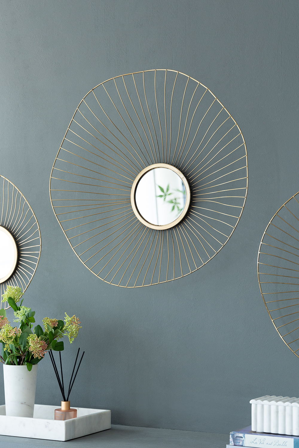 Wall Mirror Abstract Designed Wall Mirrors WithFrame For Home & Office, Top Of Sideboard (Set of 3) - Gold