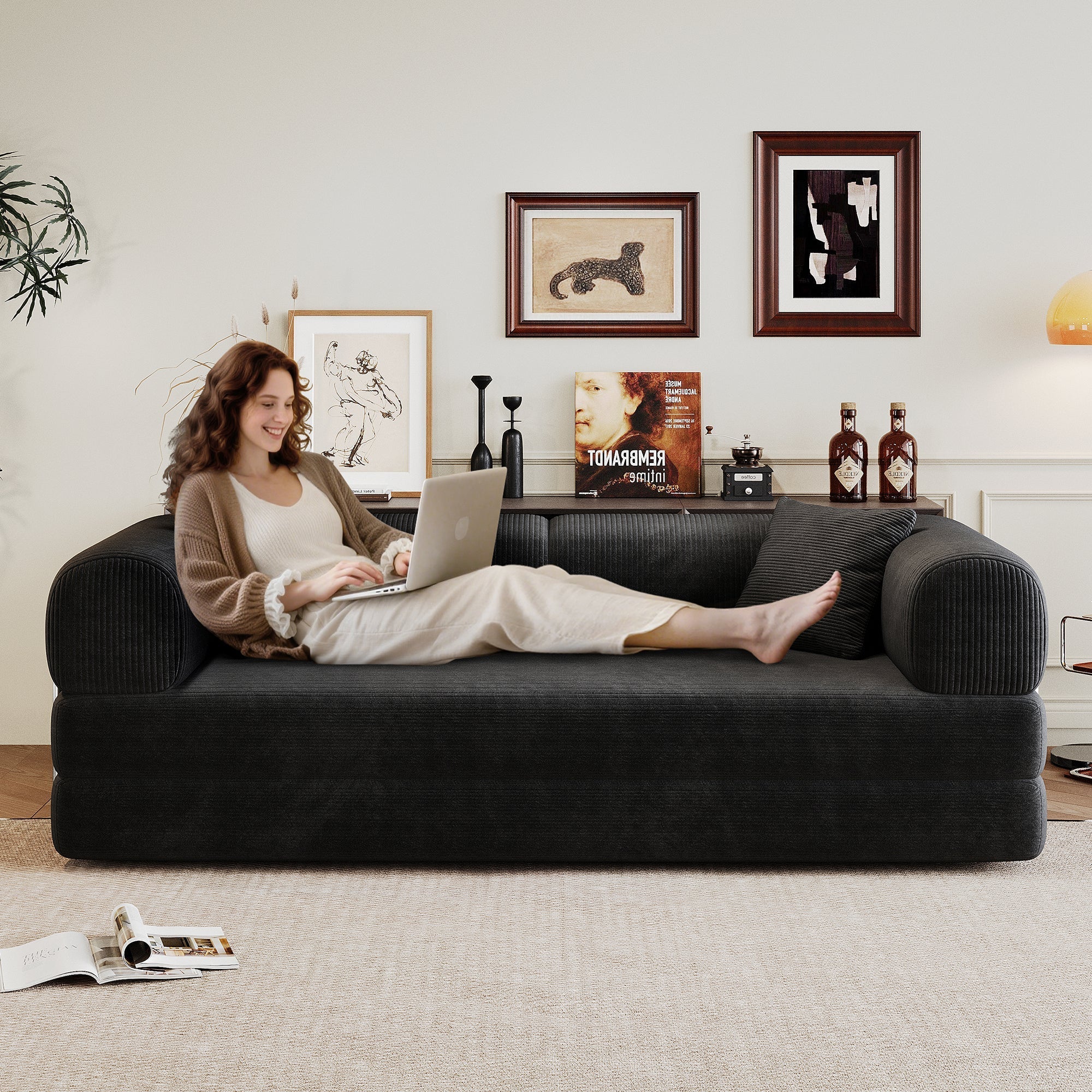 78.8' Compression Sofa,Convertible Floor Sofa Bed-with Pillow Back Support Armrest,Comfy Futon Couch Sleeper Bed,Loveseats Boneless Modular Sectional Sofa,Corduroy fabric,for Living Room,Bedroom,Black