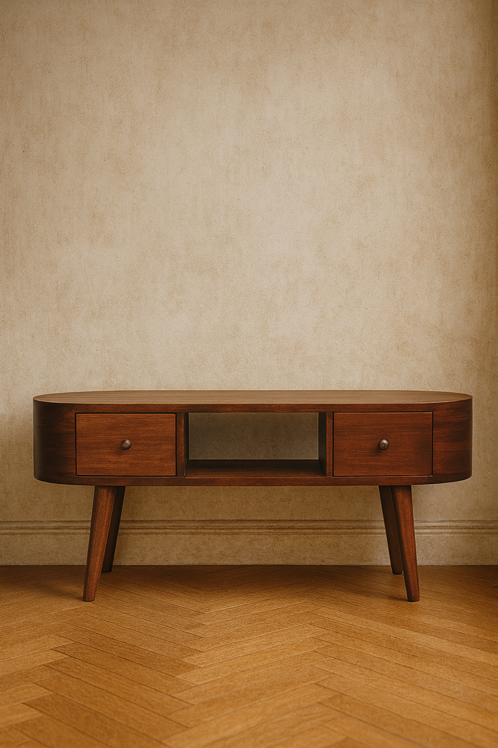 Chestnut Round Open Media Unit, 2-Drawers, 1 Open Slot