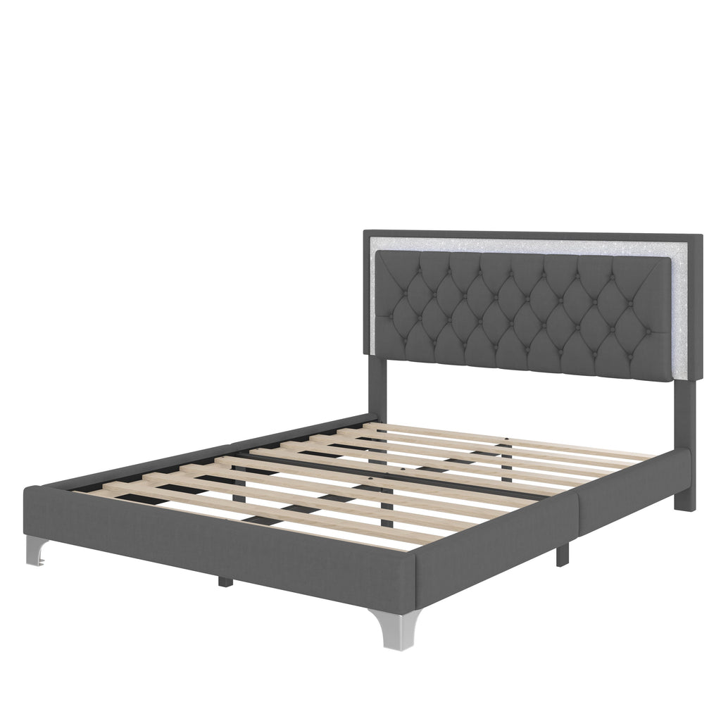 3-Pieces Bedroom Set, Queen Size Upholstered Platform Bed with LED Lights and Two Nightstands - Gray