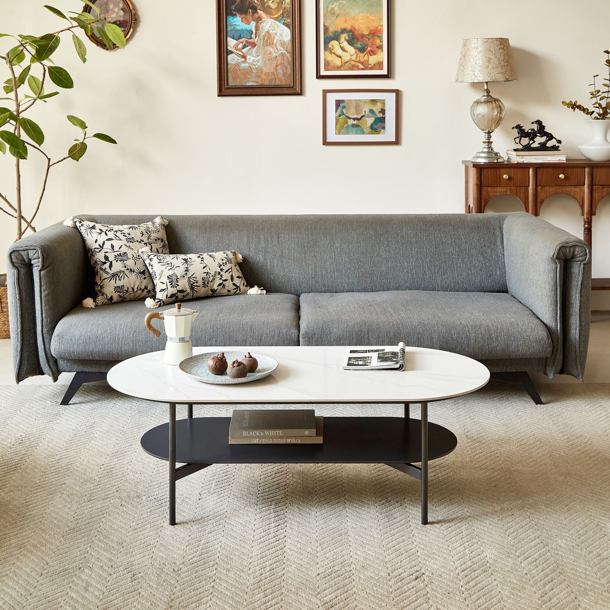 Contemporary Coffee Table Sintered Stone Surface With Ceramic Finish Double Layer Design Base Matte Shelf Modern Living Room Center Table - White / Gray