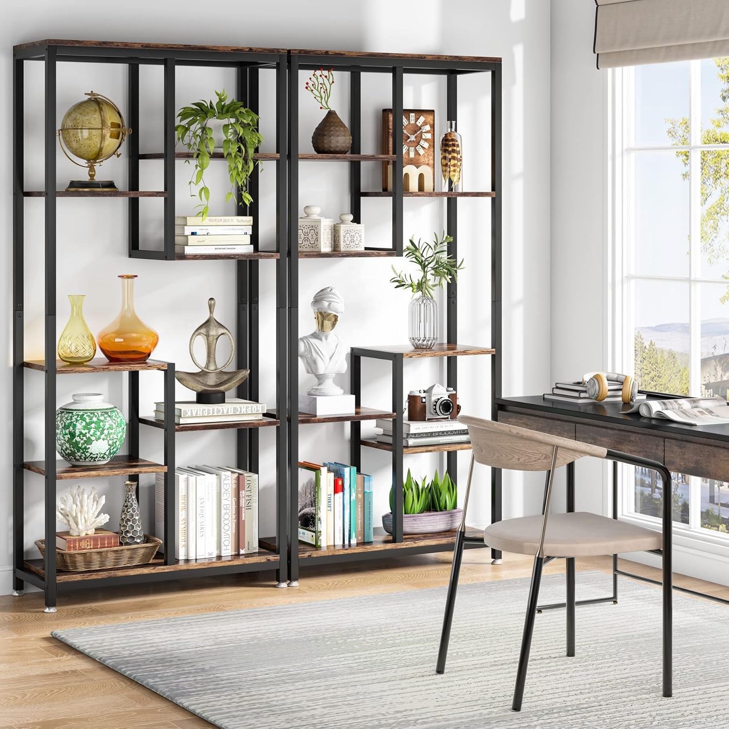 6 Tier, 8 Shelf Etagere Bookcase Storage Display Rack For Living Room - Rustic Brown