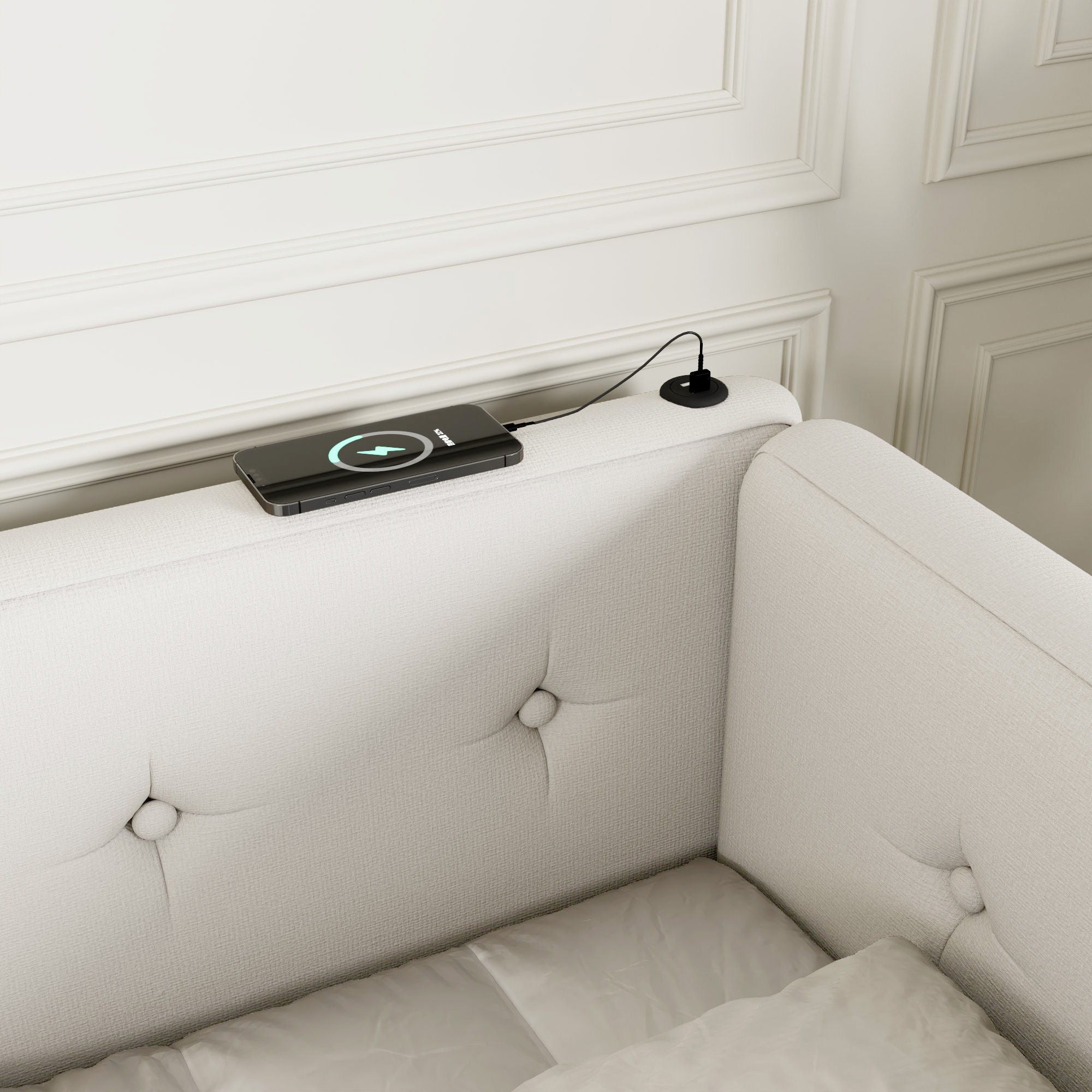 Modern Upholstered Platform Bed With USB Ports And LED Belt