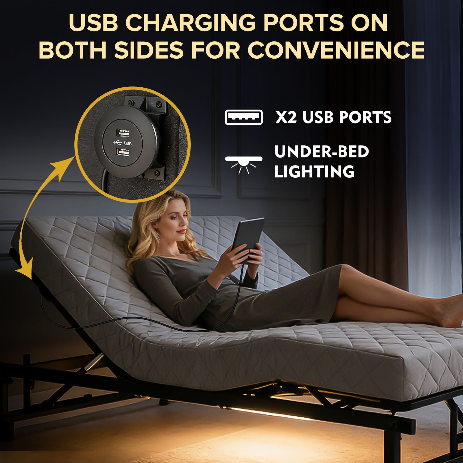 Adjustable Bed Base Frame With Wireless Remote, 4 USB Ports, Under Bed Nightlights, Zero Gravity